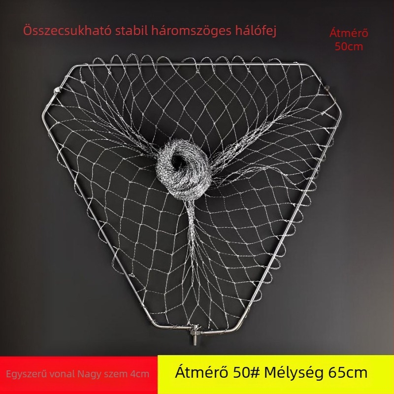 Összecsukható háromszög alakú halászhálófej rozsdamentes acél gyűrűvel, nagy halakhoz, finom szemű háló