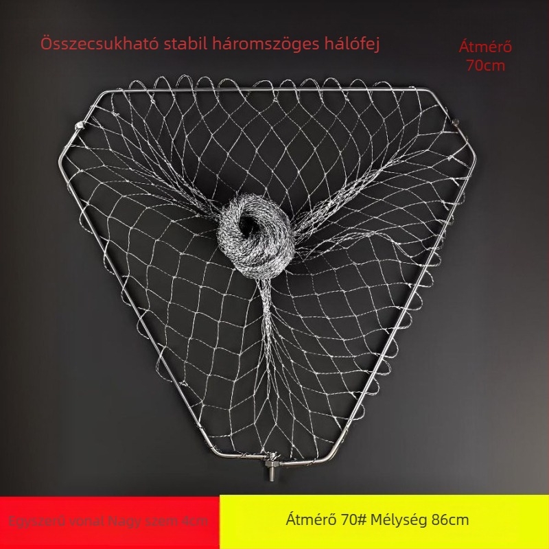 Összecsukható háromszög alakú halászhálófej rozsdamentes acél gyűrűvel, nagy halakhoz, finom szemű háló