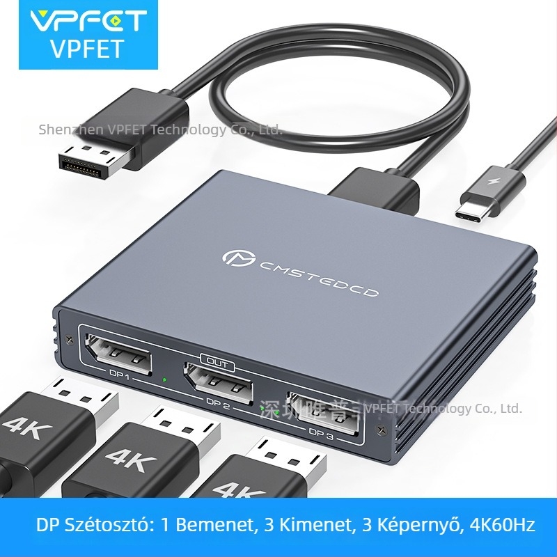 Vipfit Sp510 DP elosztó DP bemenettel és 3 DP 1.4 kimenettel, 4K60 támogatással