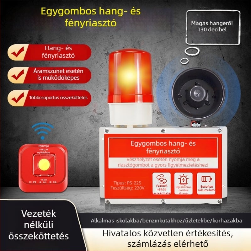 Ipari egynyomógombos hang- és fényriasztó, vezeték nélküli