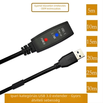 USB 3.0 hosszabbító kábel jel-erősítővel, férfi–női csatlakozás, réz vezető