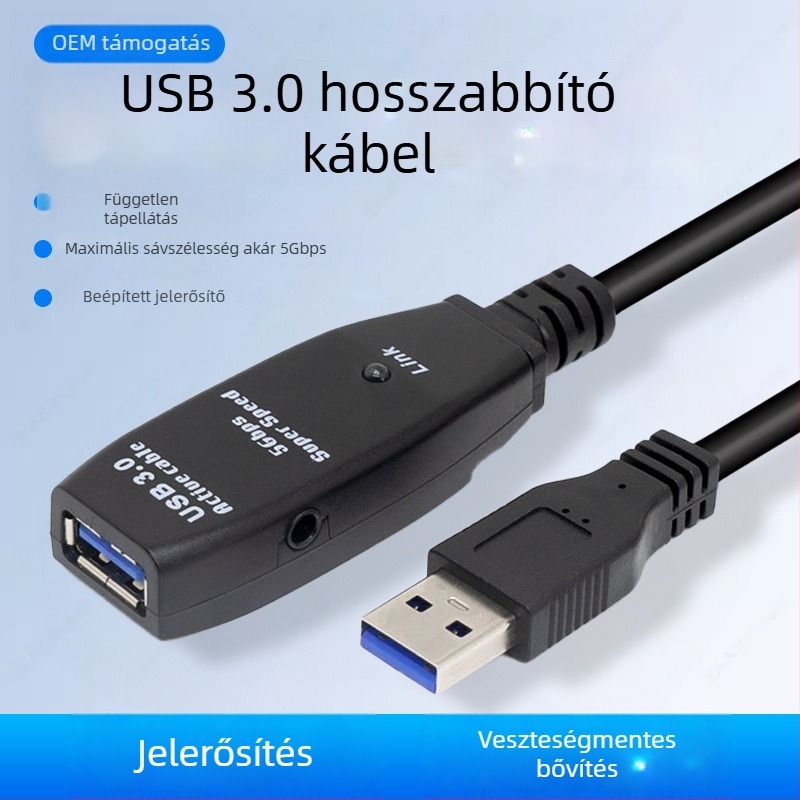 USB 3.0 hosszabbító kábel jel-erősítéssel, hím–női csatlakozóval, videókonferenciákhoz, tápellátással