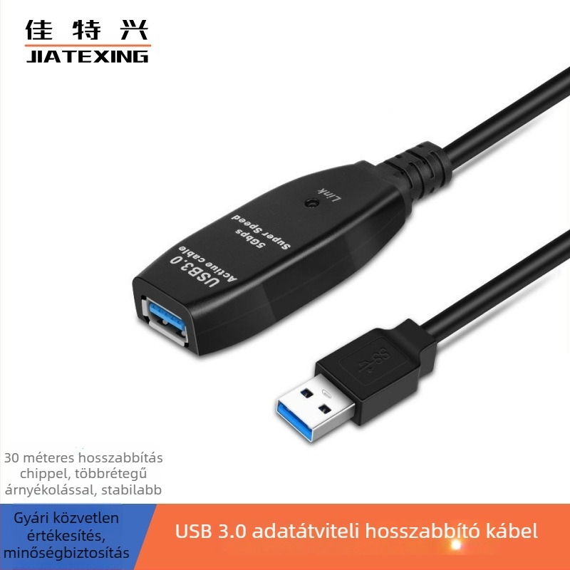 USB 3.0 hosszabbító kábel jel-erősítéssel, hím–női csatlakozóval, videókonferenciákhoz, tápellátással