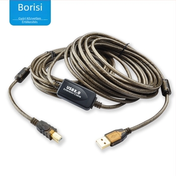 USB 2.0 nyomtató adatkábel A–B, négyszögletes csatlakozó, nagy sebességű jel-erősítő, hossz 10-30 m, OFC réz, 128-szálas árnyékolás