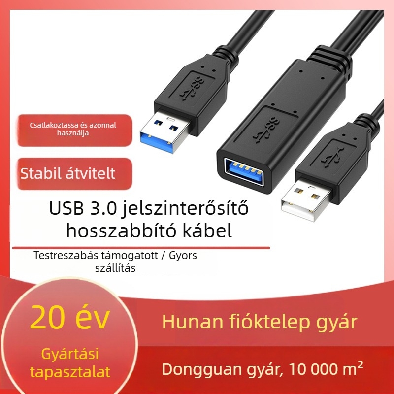 USB 3.0 bővítő kábel, férfi–nő, beépített erősítő áramkörrel, oxigénmentes réz vezetők