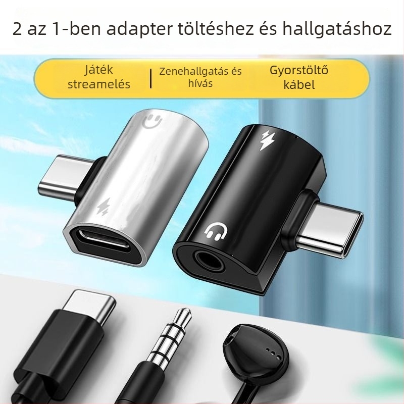 Type-C 2 az 1-ben adapter mobiltelefonokhoz, 60W gyorstöltés, DAC audio konverter, kompakt digitális adapter