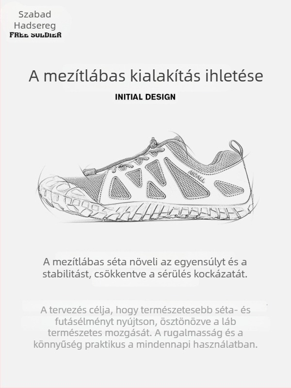 Ötujjú kültéri cipő, lélegző hálós felsőrész, elasztikus pántos záródás, alacsony felsőrész, csúszásmentes gumitalp