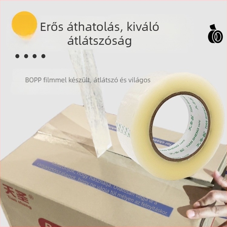 Tiansheng csomagoló szalag, nagy tapadással, BOPP film alapanyag, 50 mm vastagság, nyomásérzékeny ragasztó, termékkód 01.