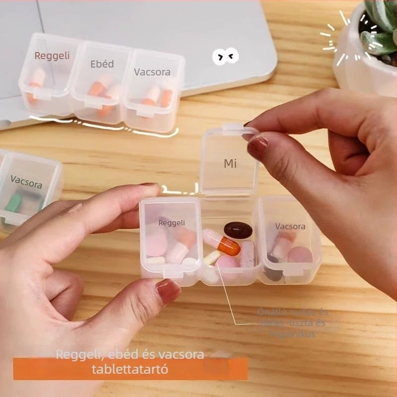 Tablettatartó doboz — Mini hordozható rendező a napi három étkezéshez gyógyszer-emlékeztetővel; japán stílus, rácsos minta, fém-plasztikus konstrukció, 18L kapacitás.