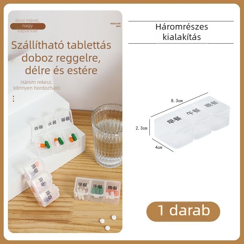 Tablettatartó doboz — Mini hordozható rendező a napi három étkezéshez gyógyszer-emlékeztetővel; japán stílus, rácsos minta, fém-plasztikus konstrukció, 18L kapacitás.