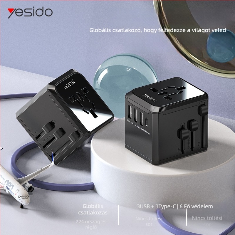 Yesido MC10 USB utazó konnektor - univerzális EU/US aljzat, PD, többfunkciós