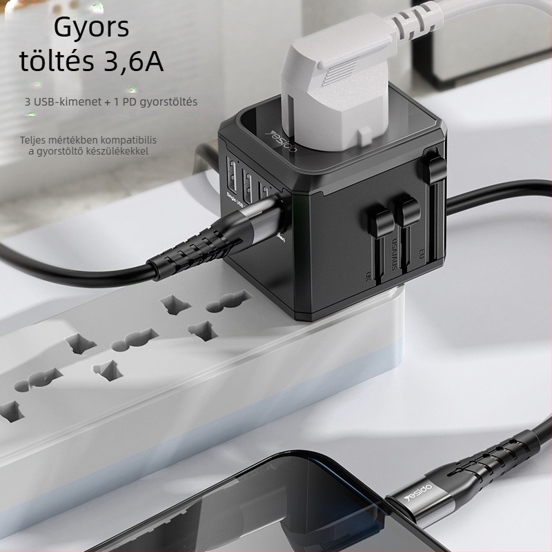 Yesido MC10 USB utazó konnektor - univerzális EU/US aljzat, PD, többfunkciós