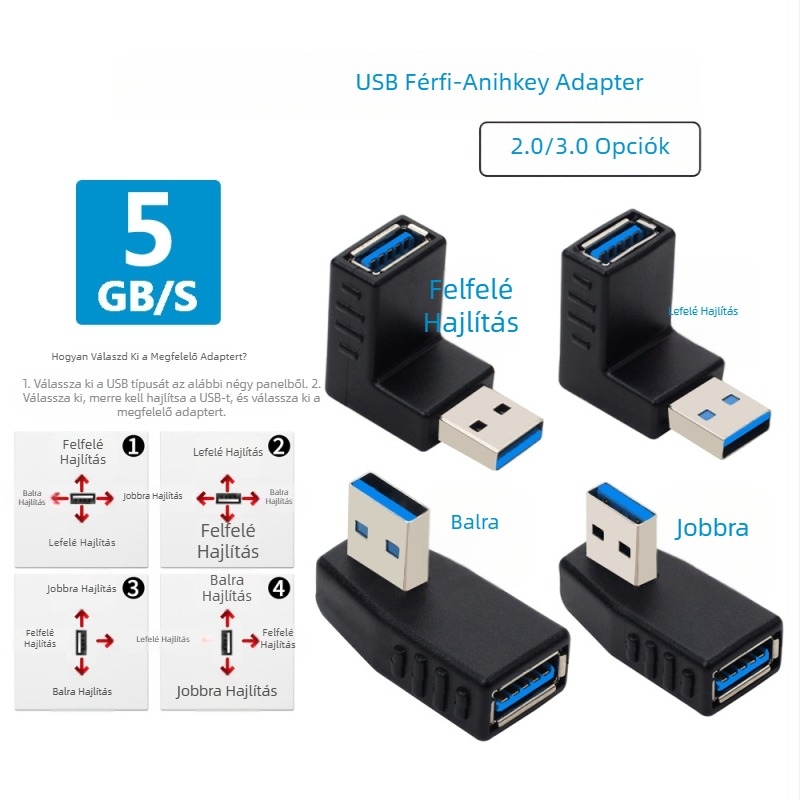 USB 3.0 férfi–női adatátviteli hosszabbító adapter, L-típusú 90° (modell LY-U3T012)