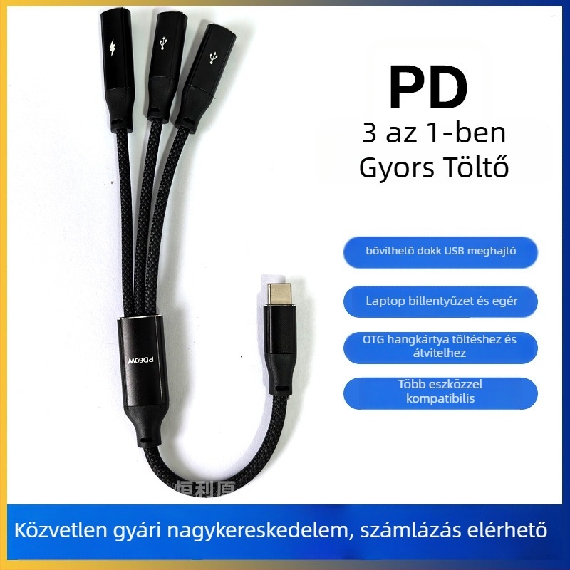 Type-C 3-port OTG splitter dokkoló adapter — 60W gyorstöltés, adatátvitel, külső tápegység