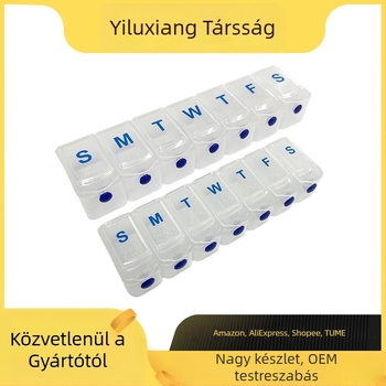 Tablettás doboz átlátszó rekeszekkel, polipropilén testtel, 12 rekesz, kinyitható és zárható fedél (modell YL0782)