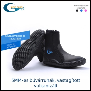 Magas szárú vízálló búvárcipő, 5 mm neoprennel és vulkanizált gumitalppal, oldalsó cipzárral