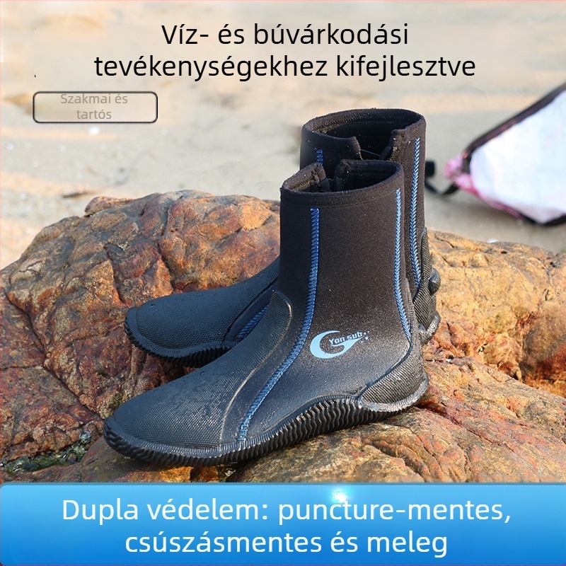 Magas szárú vízálló búvárcipő, 5 mm neoprennel és vulkanizált gumitalppal, oldalsó cipzárral