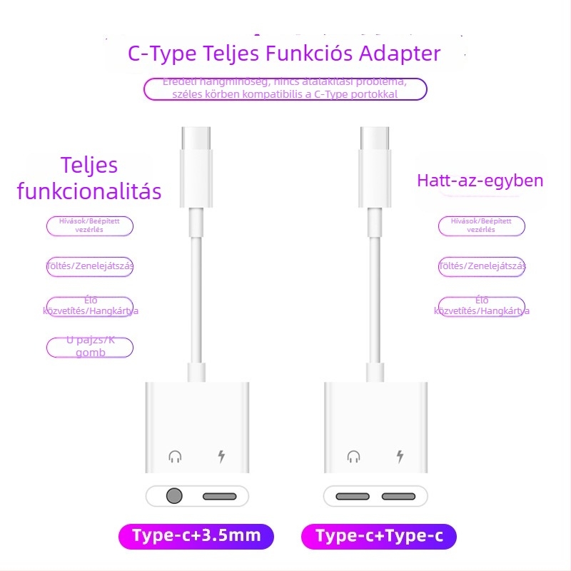 Két Type-C fülhallgató adapter 3,5 mm-rel, 2-az-1-ben audió és töltés
