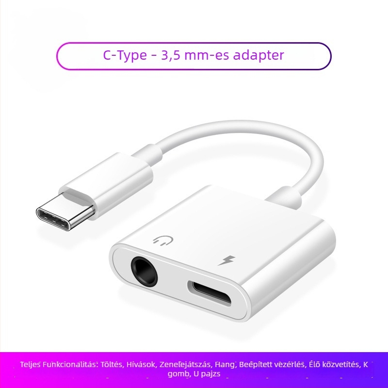 Két Type-C fülhallgató adapter 3,5 mm-rel, 2-az-1-ben audió és töltés