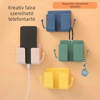Fali telefontöltő állvány fúrás nélkül, ragasztott tárolórekesszel a távirányítóhoz, éjjeliszekrényhez