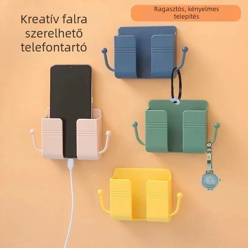 Fali telefontöltő állvány fúrás nélkül, ragasztott tárolórekesszel a távirányítóhoz, éjjeliszekrényhez