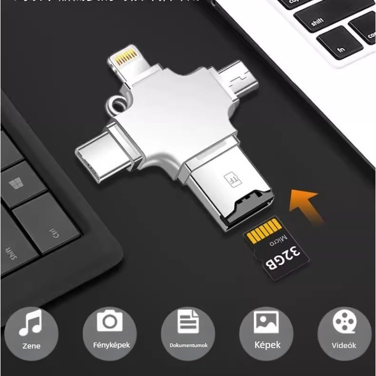 Type-C négy az egyben adapter Apple készülékekhez, USB 3.0 OTG és TF kártyaolvasó Androidhoz