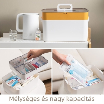 Gyógyszer tároló doboz, többrétegű, nagy kapacitású, nedvességálló, műanyag PP, billenő fedél