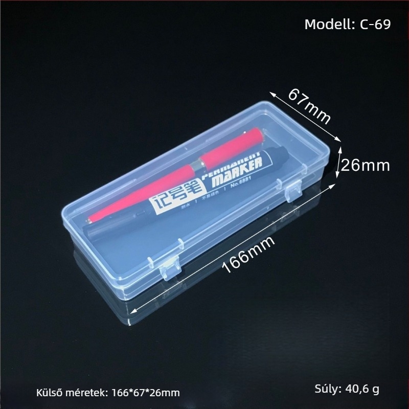 Átlátszó téglalap alakú PP tároló doboz tetővel – távirányítók, szerszámok és szemüvegek számára; logónyomás elérhető