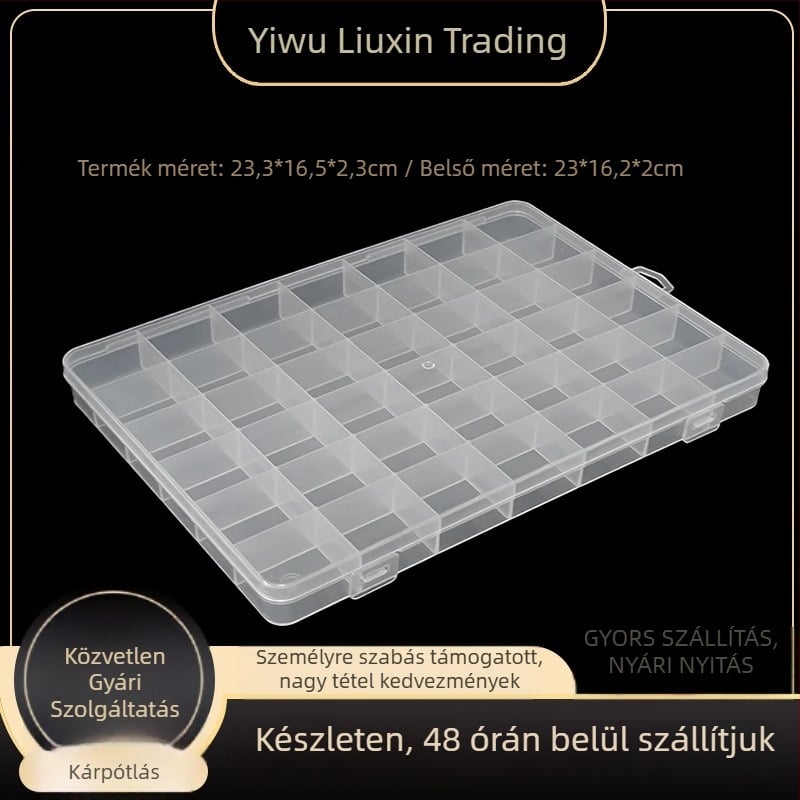 42 rekeszes átlátszó PP műanyag doboz fedéllel gyöngyök és kisebb alkatrészek tárolására