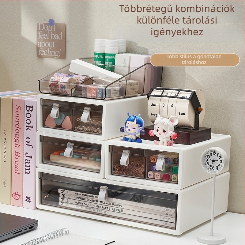 Asztali tároló doboz fiókkal - ABS műanyag, 18 L, egymásra helyezhető, vízálló, fedéllel