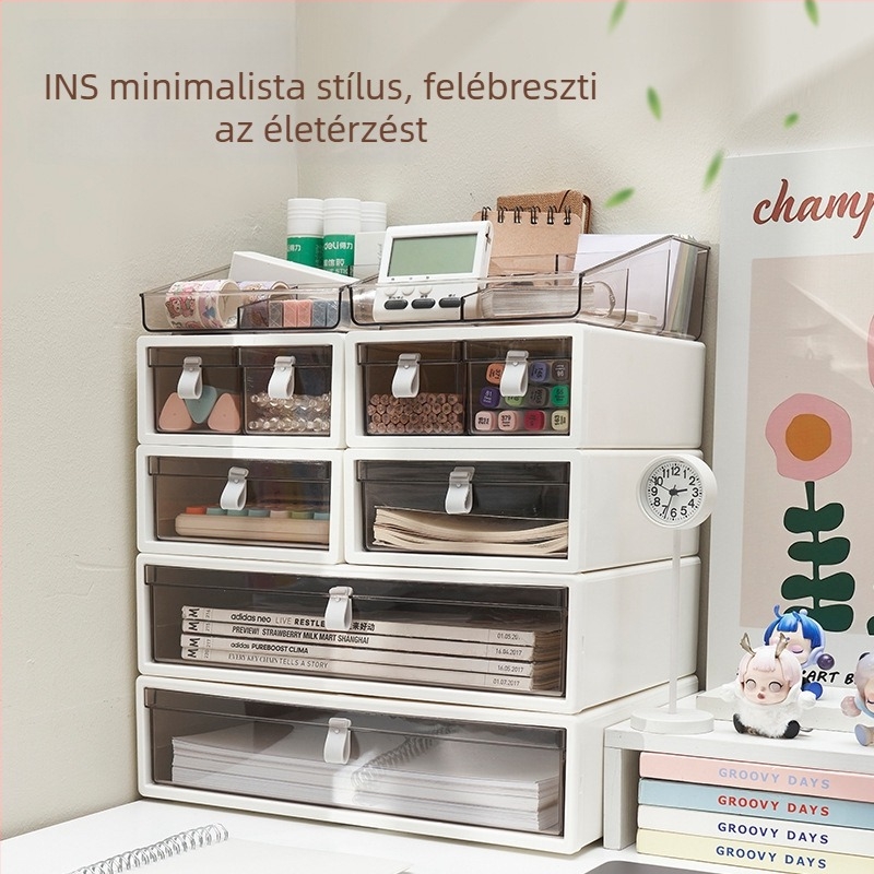 Asztali tároló doboz fiókkal - ABS műanyag, 18 L, egymásra helyezhető, vízálló, fedéllel