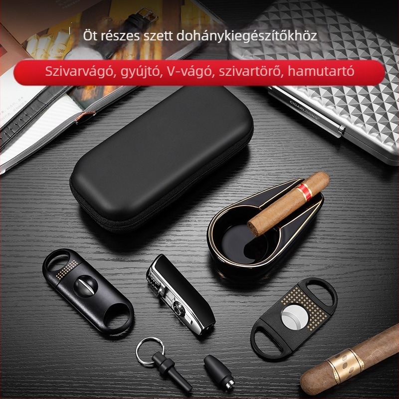 Jialong szivar tartozék készlet: kerámia hamutartó, szivarvágó, szivargyújtó és ajándék táska