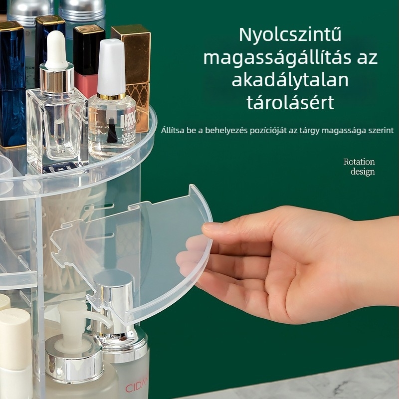 Többszintű átlátszó asztali tároló doboz magasság állítható és forgó szerkezettel kozmetikumok és irodai kellékek számára