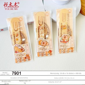 Négy darabos műanyag könyvjelző‑vonalzó készlet – kapibara téma, többfunkciós, modell 7901, nettó tömeg kb. 50,6 g