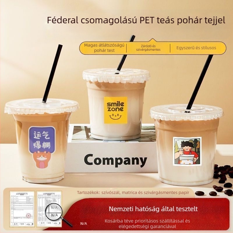 Egyszer használatos tej-tea pohár fedővel, hideg italokhoz, műanyag take-out pohár 100 ml alatt
