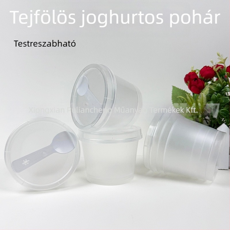 Egyszer használatos átlátszó műanyag pohár joghurthoz fedéllel, PP műanyag, szitanyomás logó