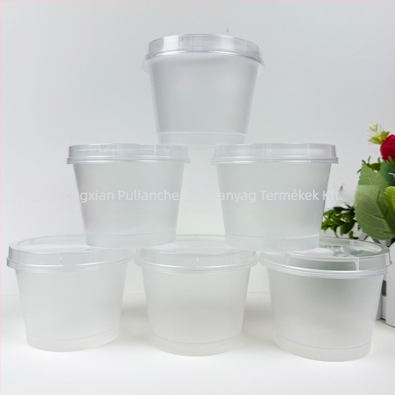 Egyszer használatos átlátszó műanyag pohár joghurthoz fedéllel, PP műanyag, szitanyomás logó