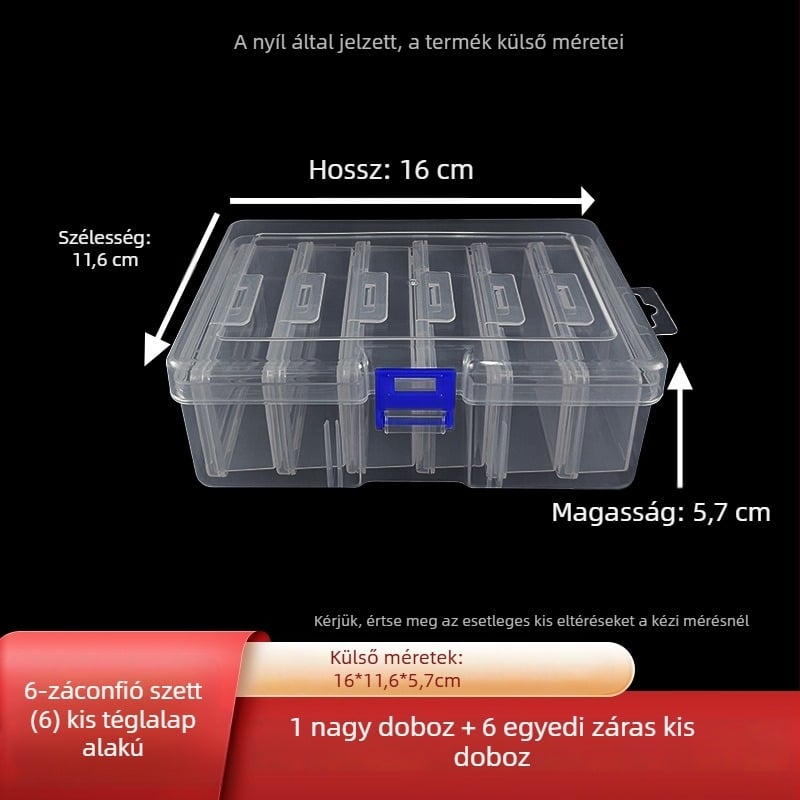 6 rekeszes PP műanyag tároló doboz fedéllel, univerzális csomagoláshoz