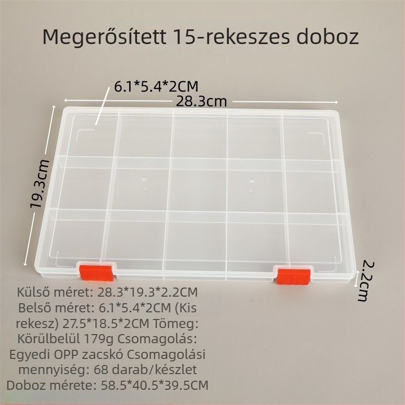 Megvastított 15 rekeszes műanyag tároló doboz fedéllel, kis tárgyak és ékszer-kiegészítők számára