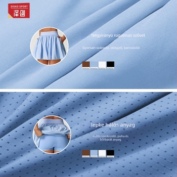 Női sportos szoknya gyorsan száradó, négypontos elasztikus szövésű anyagból; 97% poliészter, 3% spandex; bélés nylon/spandex 78/22; belső hálós bélés; zsebfedél; alkalmas futáshoz, tenisze, edzéshez