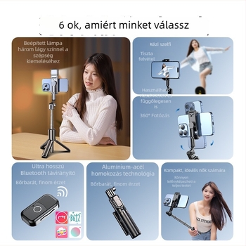 Kézben tartható mini selfie pálca Bluetooth világítással, rozsdamentes acélból, távvezérlő, univerzális telefon-tartó