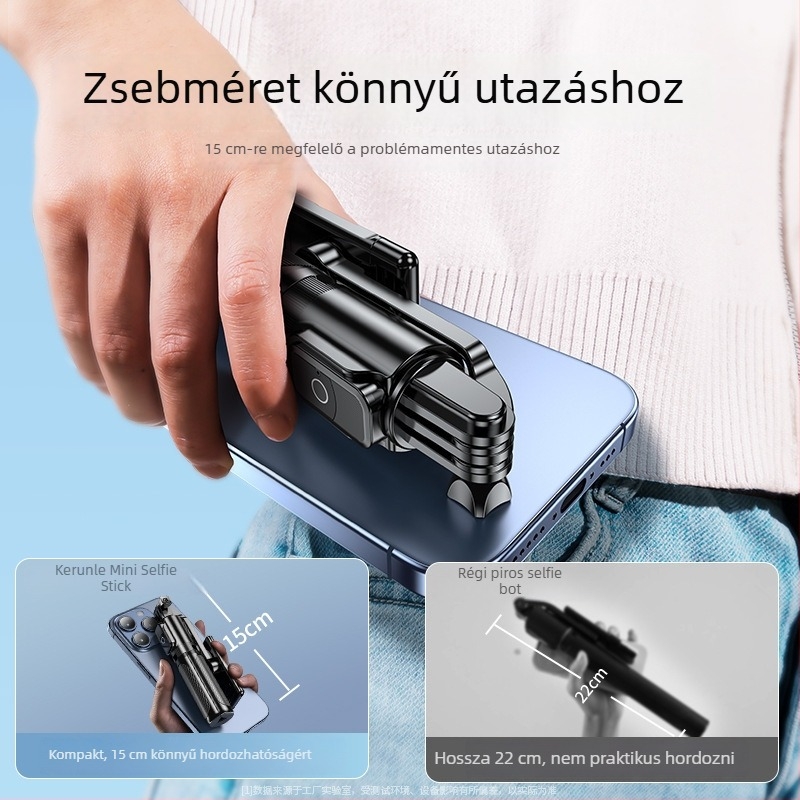 Kézben tartható mini selfie pálca Bluetooth világítással, rozsdamentes acélból, távvezérlő, univerzális telefon-tartó