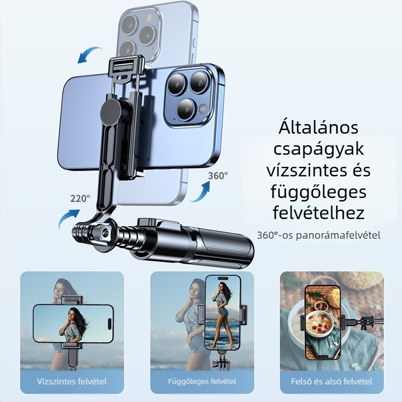 Kézben tartható mini selfie pálca Bluetooth világítással, rozsdamentes acélból, távvezérlő, univerzális telefon-tartó