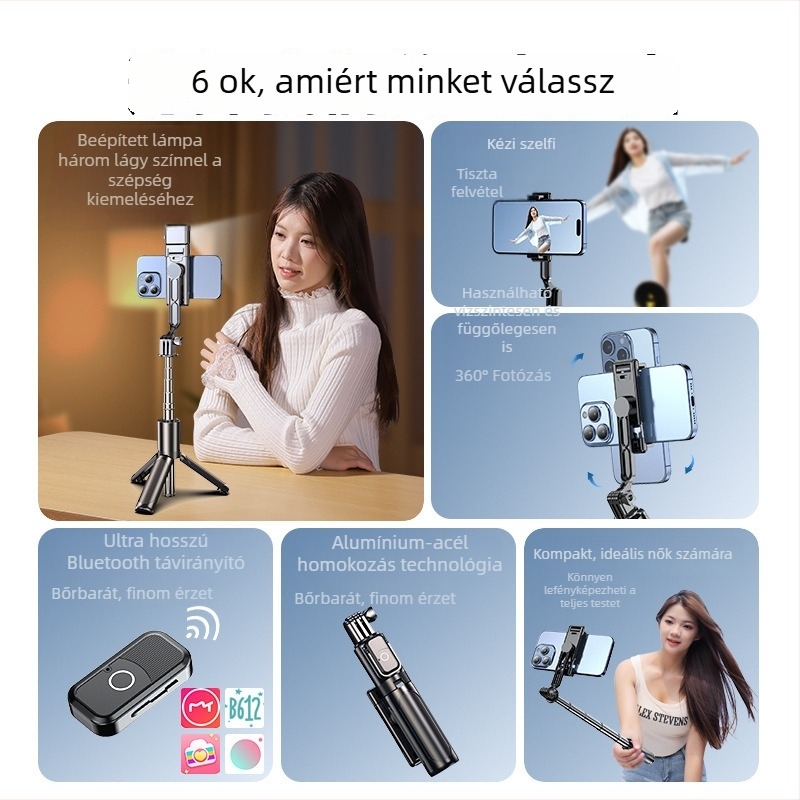 Kézben tartható mini selfie pálca Bluetooth világítással, rozsdamentes acélból, távvezérlő, univerzális telefon-tartó