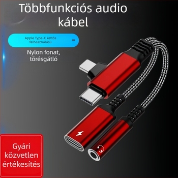 Kétfejű 2–in–1 audio adapter kábel, 3,5 mm-es jack, USB-C/Lightning, Apple-kompatibilis