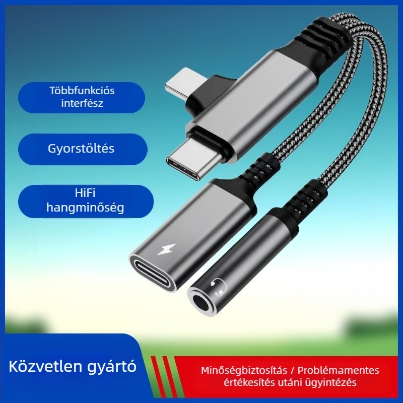 Kétfejű 2–in–1 audio adapter kábel, 3,5 mm-es jack, USB-C/Lightning, Apple-kompatibilis