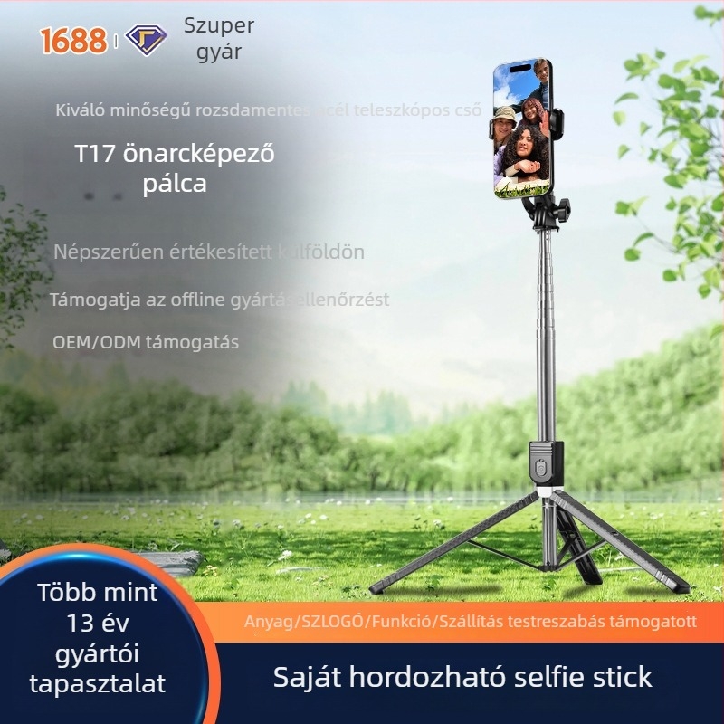 Testreszabható Bluetooth selfie bot/tripód rozsdamentes acélból, modell T17, távvezérlővel