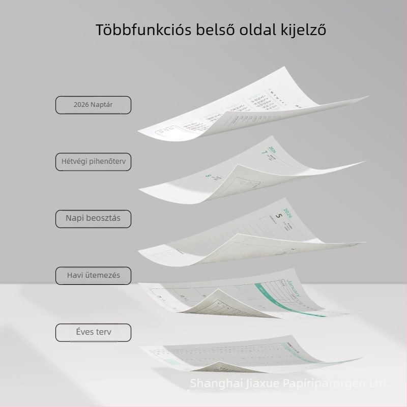Notesz 2026: napi tervező az időgazdálkodáshoz, vonalas kötés, PU borító, nyersfa rostból készült papír, 80 g, 300–400 oldal.