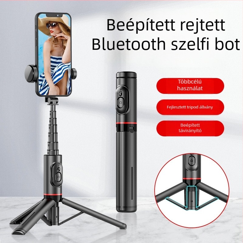 Q12 beépített állványos selfie pálca élő közvetítéshez; alumínium ötvözet, Bluetooth távirányító, beépített világítás, univerzális stílus, modell Q12