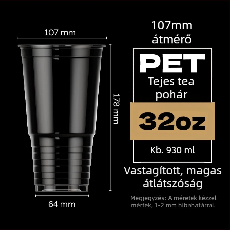Egyedi, egyszer használatos PET műanyag pohár, 107 mm átmérő, 1000 ml kapacitás, nagy méretű tej-tea és gyümölcs tea pohár, Torch pohár, 32 oz
